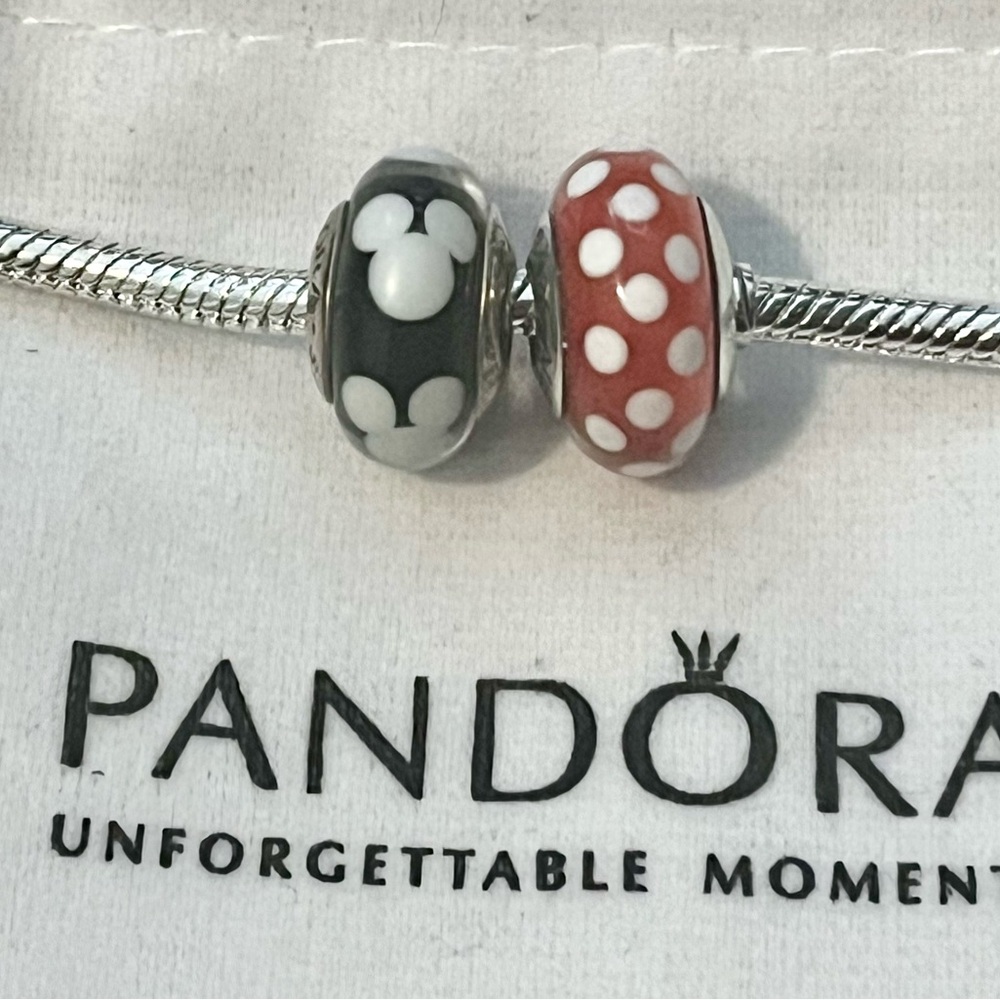 Pandora Disney Mickey and Red and White Dotted Minnie Murano Charms